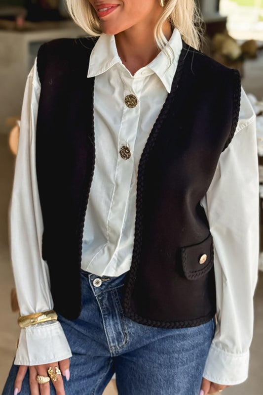 Black Braided Trim Open Front Vest