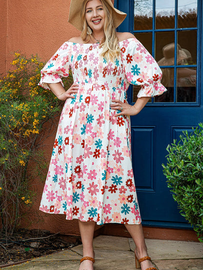 Floral Print Smocked Off Shoulder Plus Size Midi Dress in White