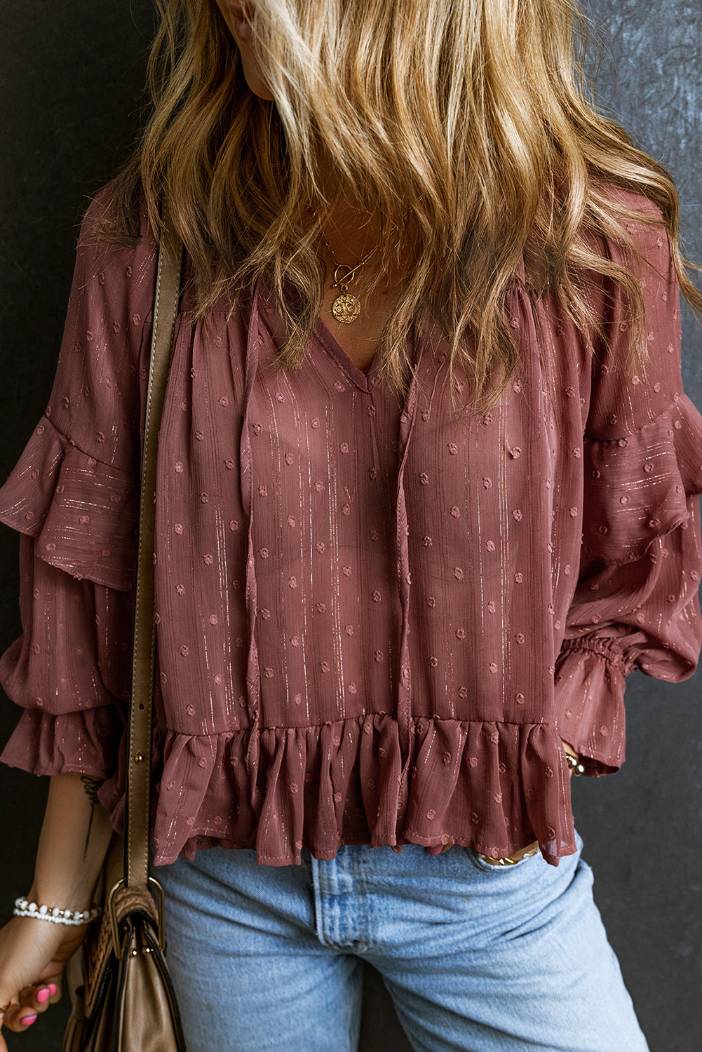 Fiery Red Swiss Dot Lace-up Bubble Sleeve Blouse
