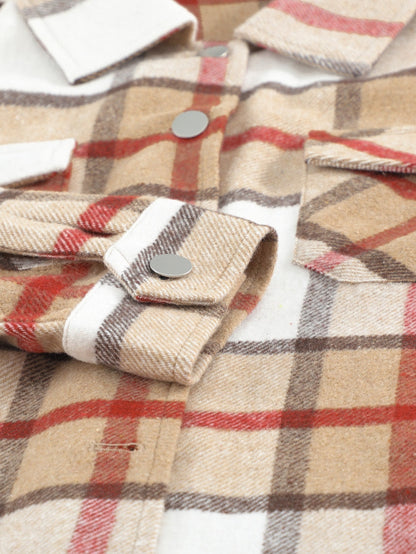 Khaki Plaid Print Sheath Button-Up Coat with Pockets