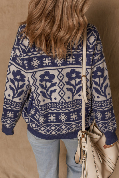 Dirty blue Floral Print V Neck Drop Shoulder Buttoned Front Cardigan