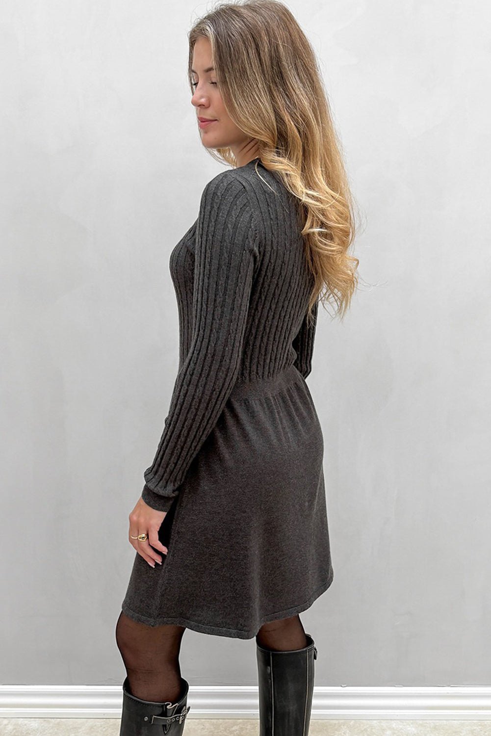 Carbon Grey Long Sleeve Cable Knit Bodice Sweater Mini Dress