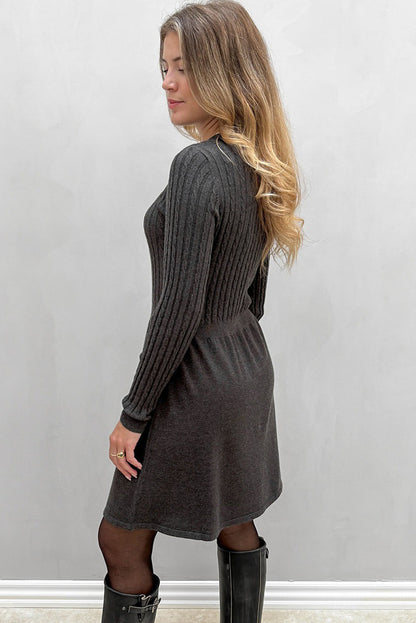 Carbon Grey Long Sleeve Cable Knit Bodice Sweater Mini Dress