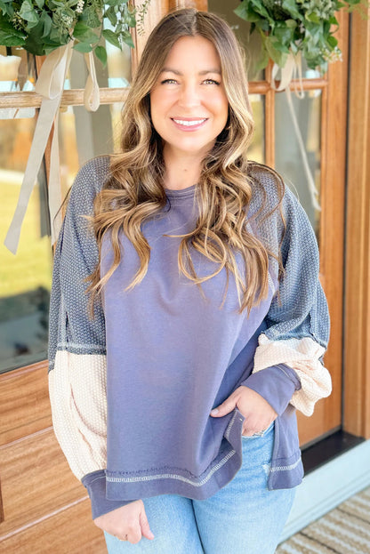 clove Exposed Seam Color Block Contrast Textured Patchwork Top