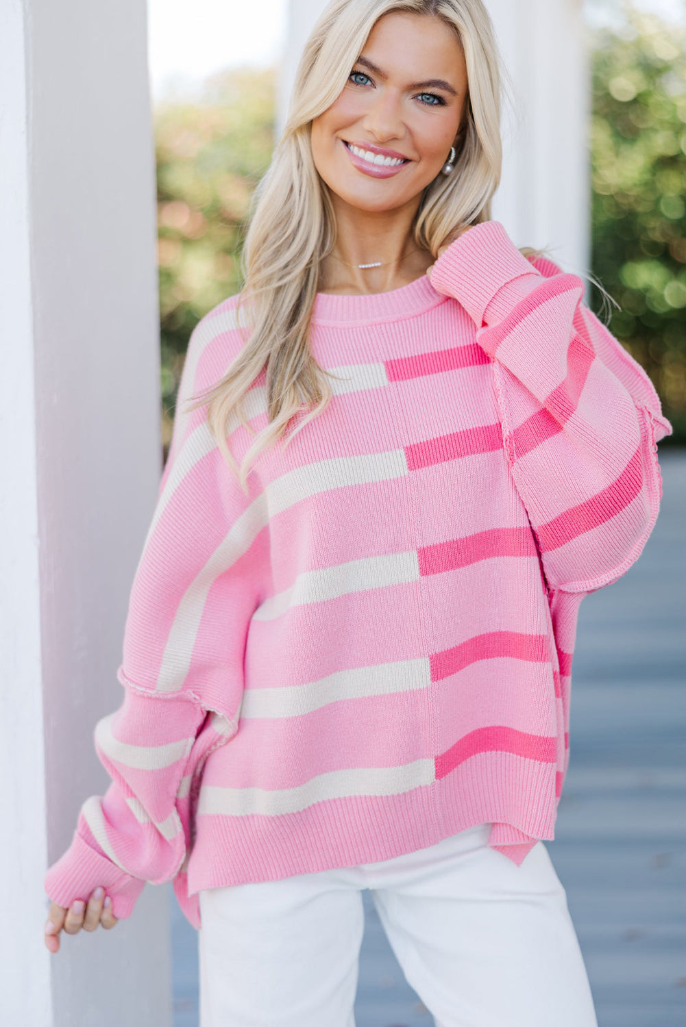Pink Stripe Round Neck Ribbed Knit Exposed Seam Oversize Sweater