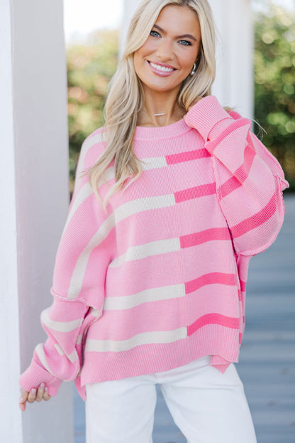 Pink Stripe Round Neck Ribbed Knit Exposed Seam Oversize Sweater