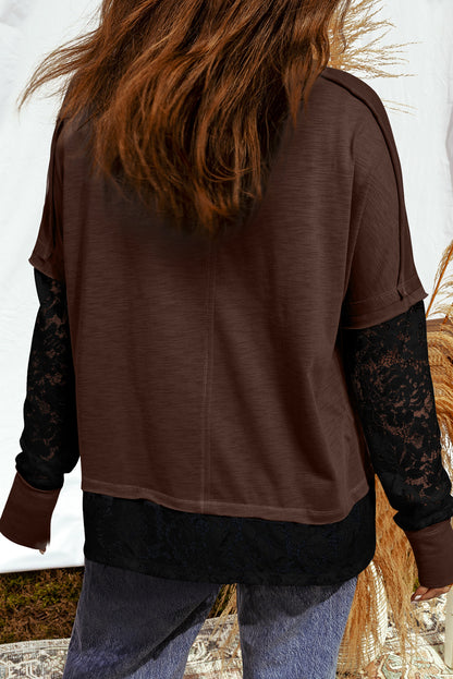 Dark Brown Plus Size Round Neck Sheer Floral Lace Patchwork Long Sleeve Top