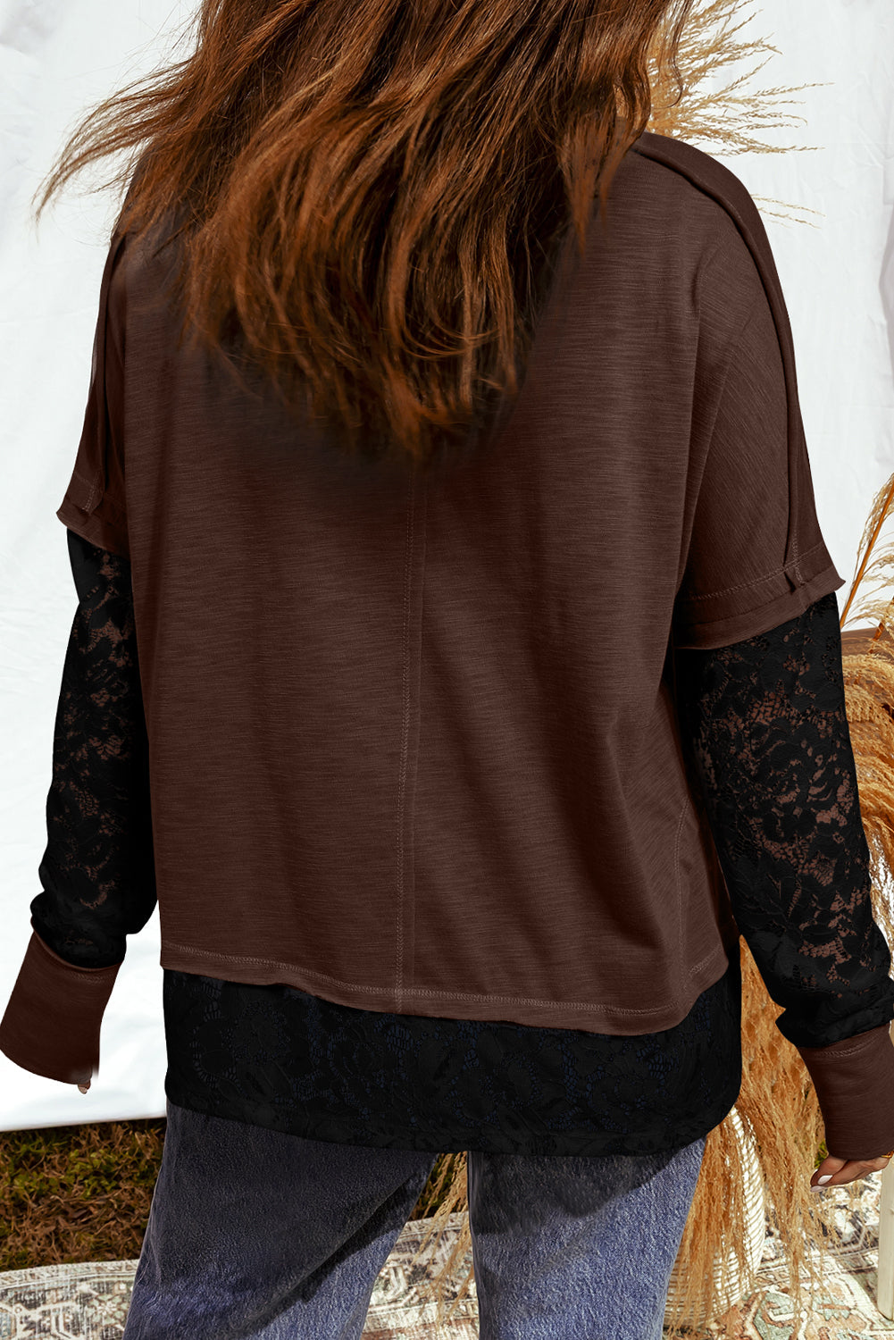 Dark Brown Plus Size Round Neck Sheer Floral Lace Patchwork Long Sleeve Top