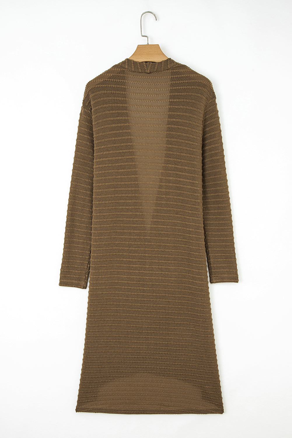 Camel Double Patch Pocket Striped Texture Knit Open Front Duster Cardigan