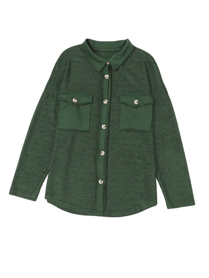 Green Knit Cotton Blend Casual Shacket with Chest Pockets