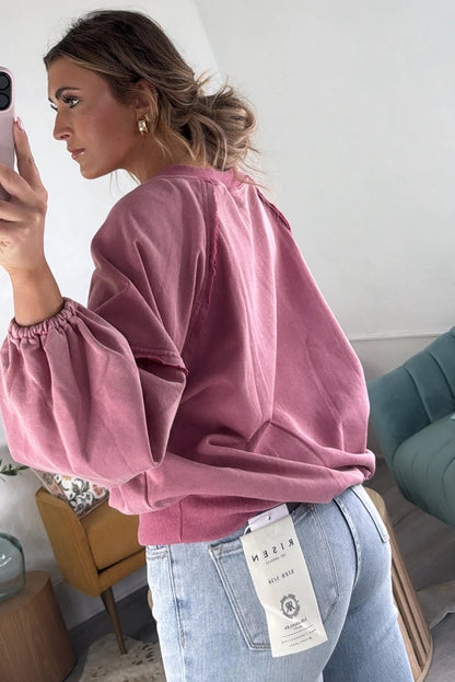 Coral Elastic Cuffs Balloon Sleeve Raw Seam Patchwork Sweatshirt