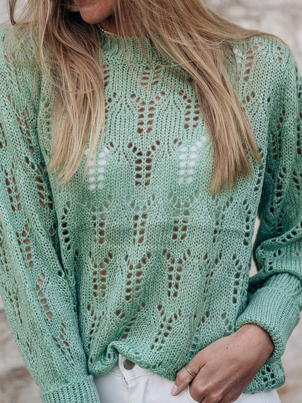 Green Pointelle Knit Sheer Sweater