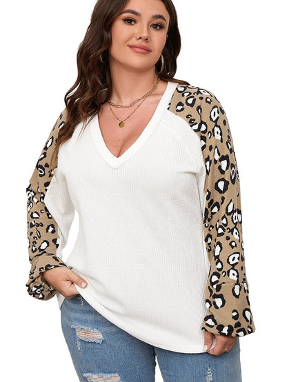 Beige Printed Plus Size Waffle Knit Contrast Leopard Long Sleeve Top