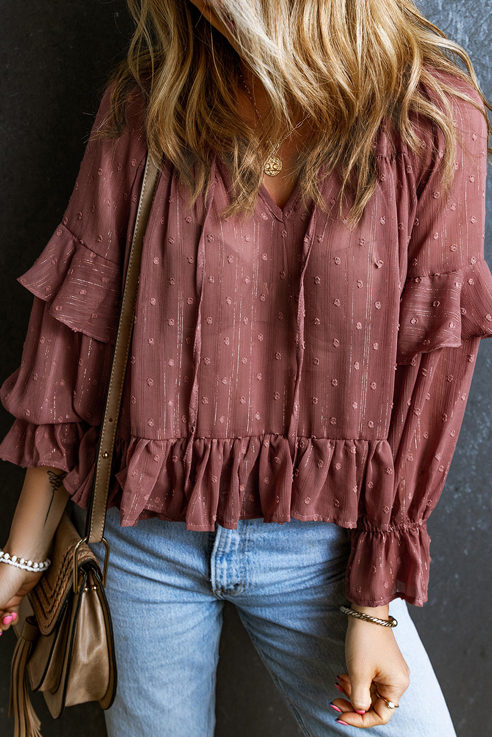 Fiery Red Swiss Dot Lace-up Bubble Sleeve Blouse