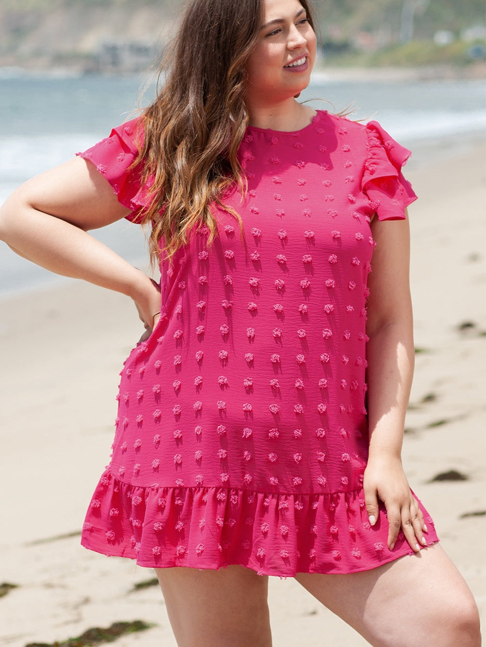 Strawberry Pink Jacquard Ruffle Sleeve Plus Size Mini Dress