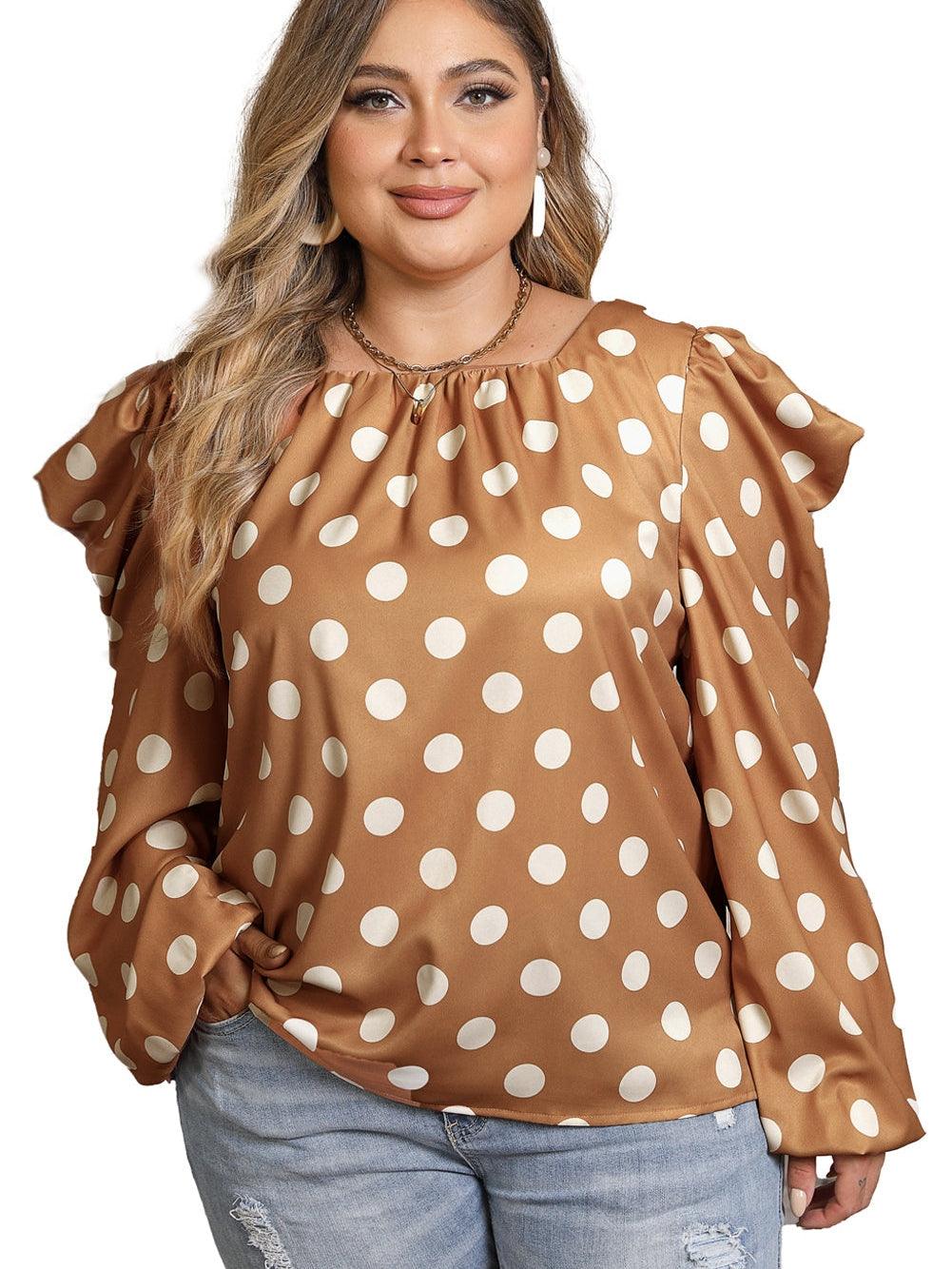 Khaki Polka Dot Ruched Neckline Puff Sleeve Blouse for Curvy Fashionistas