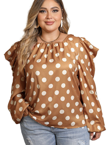 Khaki Polka Dot Ruched Neckline Puff Sleeve Blouse for Curvy Fashionistas