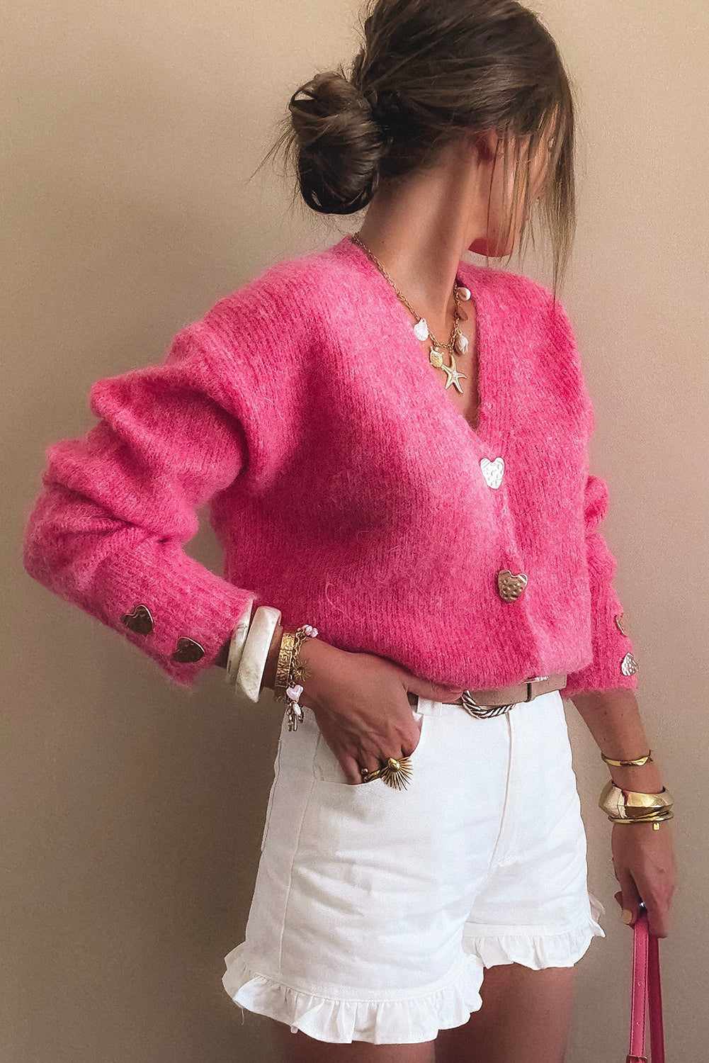 Strawberry Pink V Neck Heart Chunky Knit Metal Button Sweater Cardigan