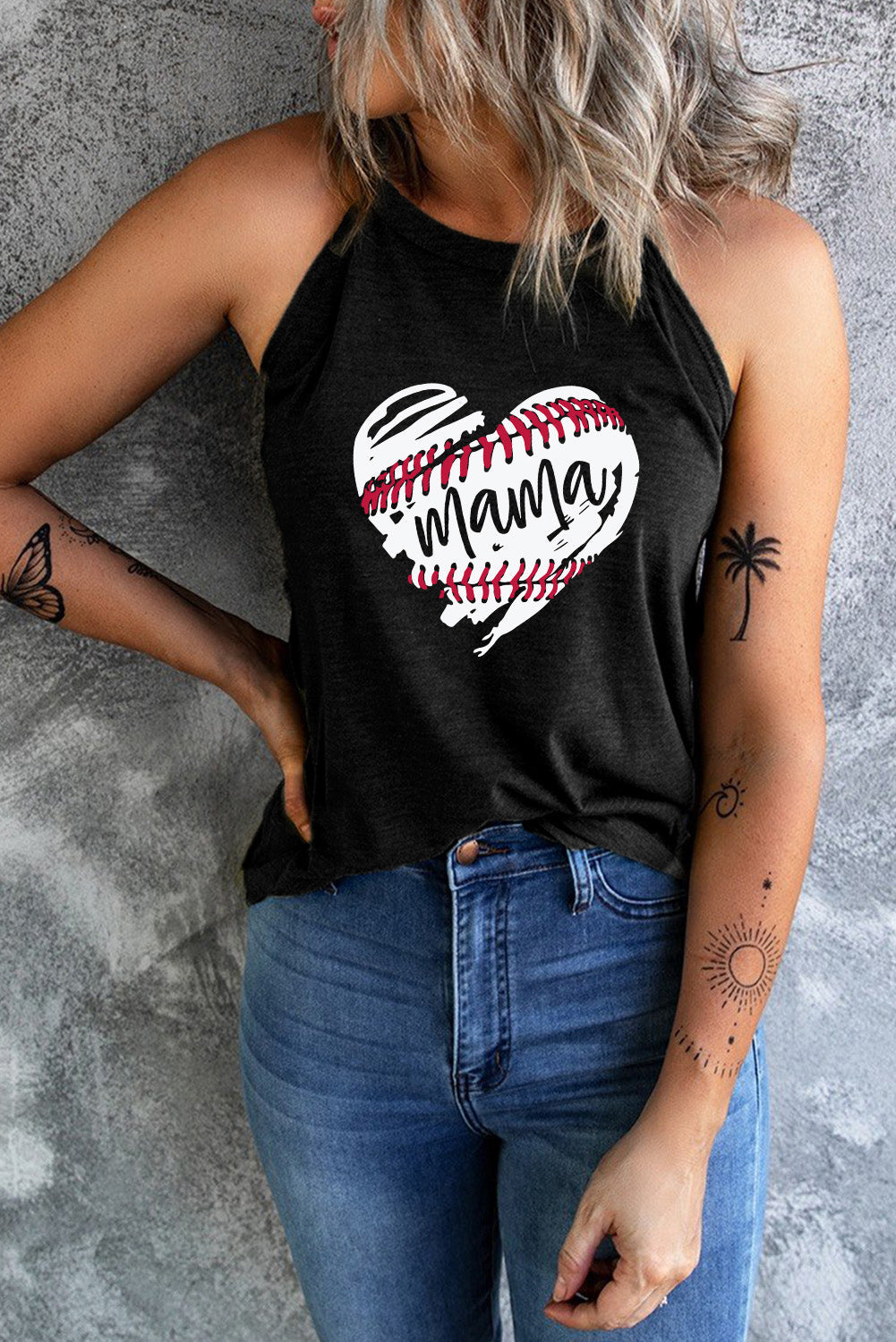 Heart Print Mama Baseball Graphic Tank Top
