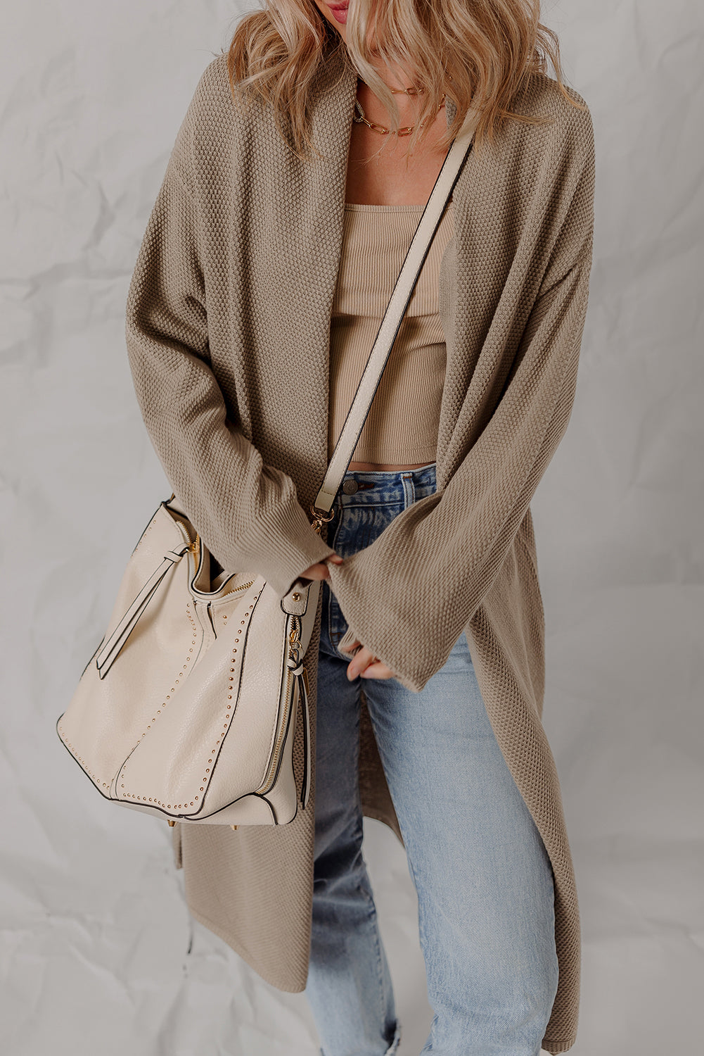 DUNE Solid Color Textured Knit Open Front Oversize Midi Sweater Cardigan