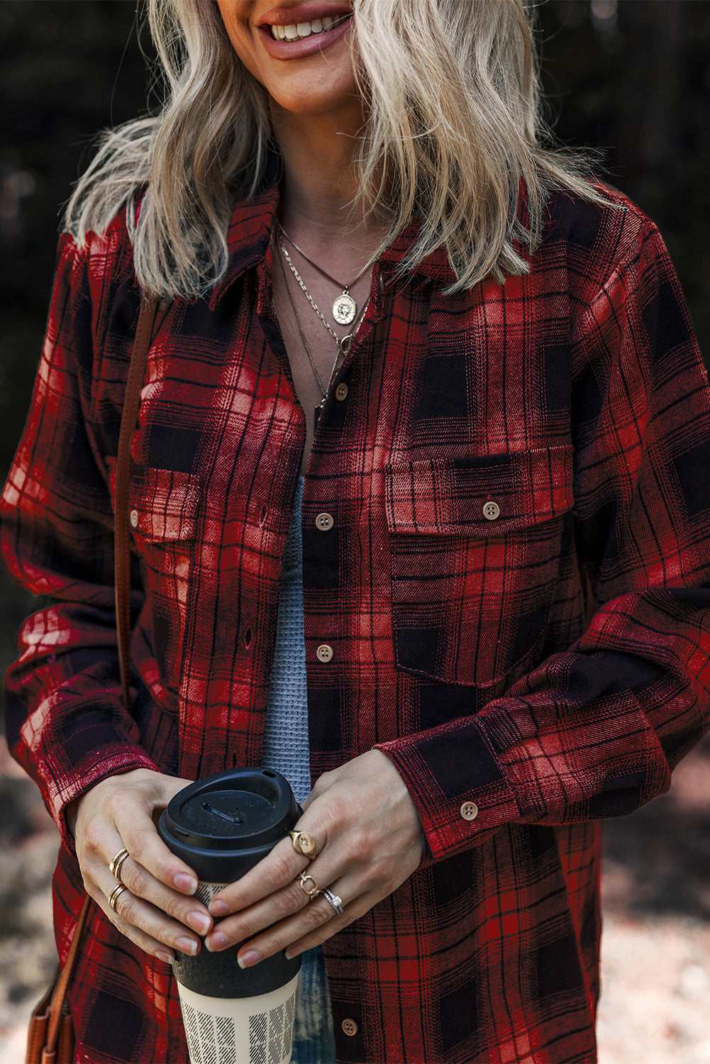 Red Retro Plaid Double Flap Pocket Brushed Shacket