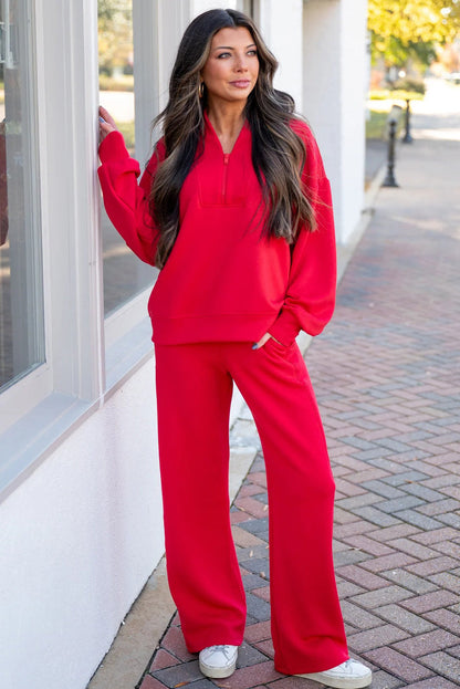 Fiery Red Quarter Zipped Pullover and Drawstring Sweatpants Set