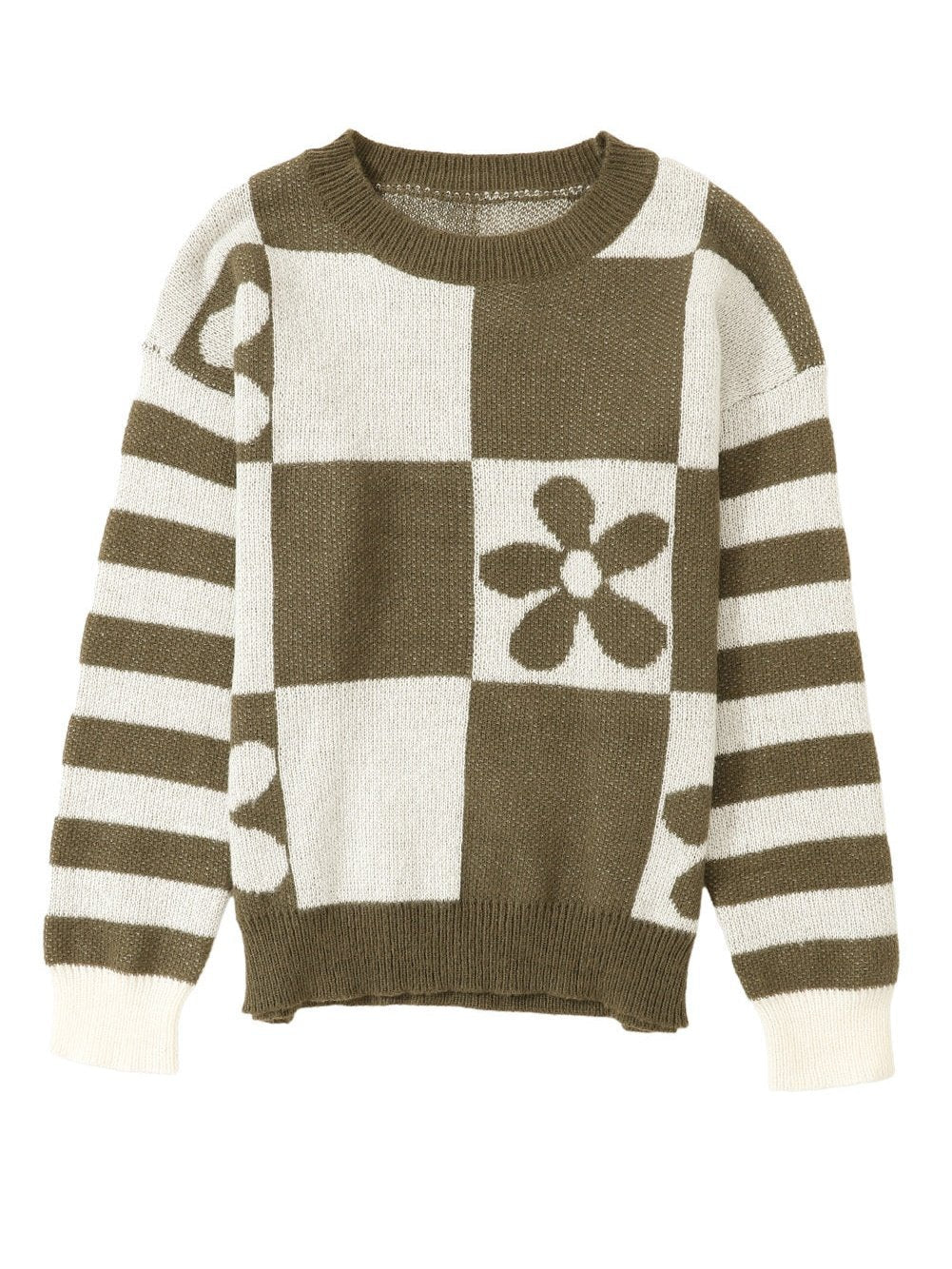 Green Checkered Floral and Striped Sleeve Sweater with Round Neck
