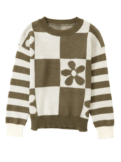 Green Checkered Floral and Striped Sleeve Sweater with Round Neck