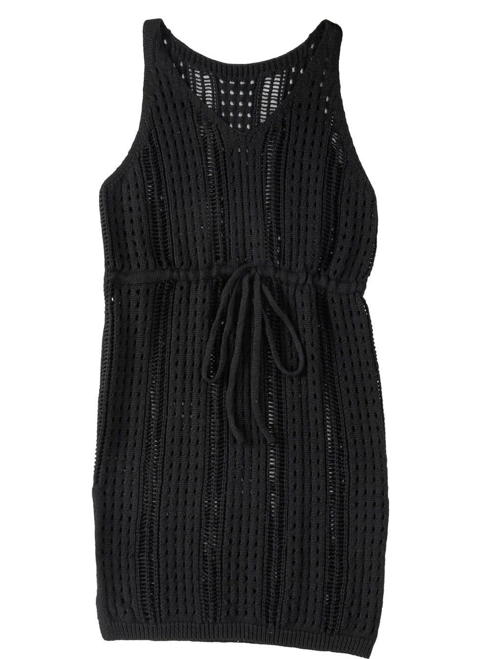 Boho Black Crochet Beach Dress with Drawstring & Hollow-out Detail