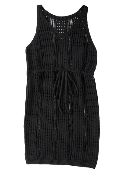 Boho Black Crochet Beach Dress with Drawstring & Hollow-out Detail