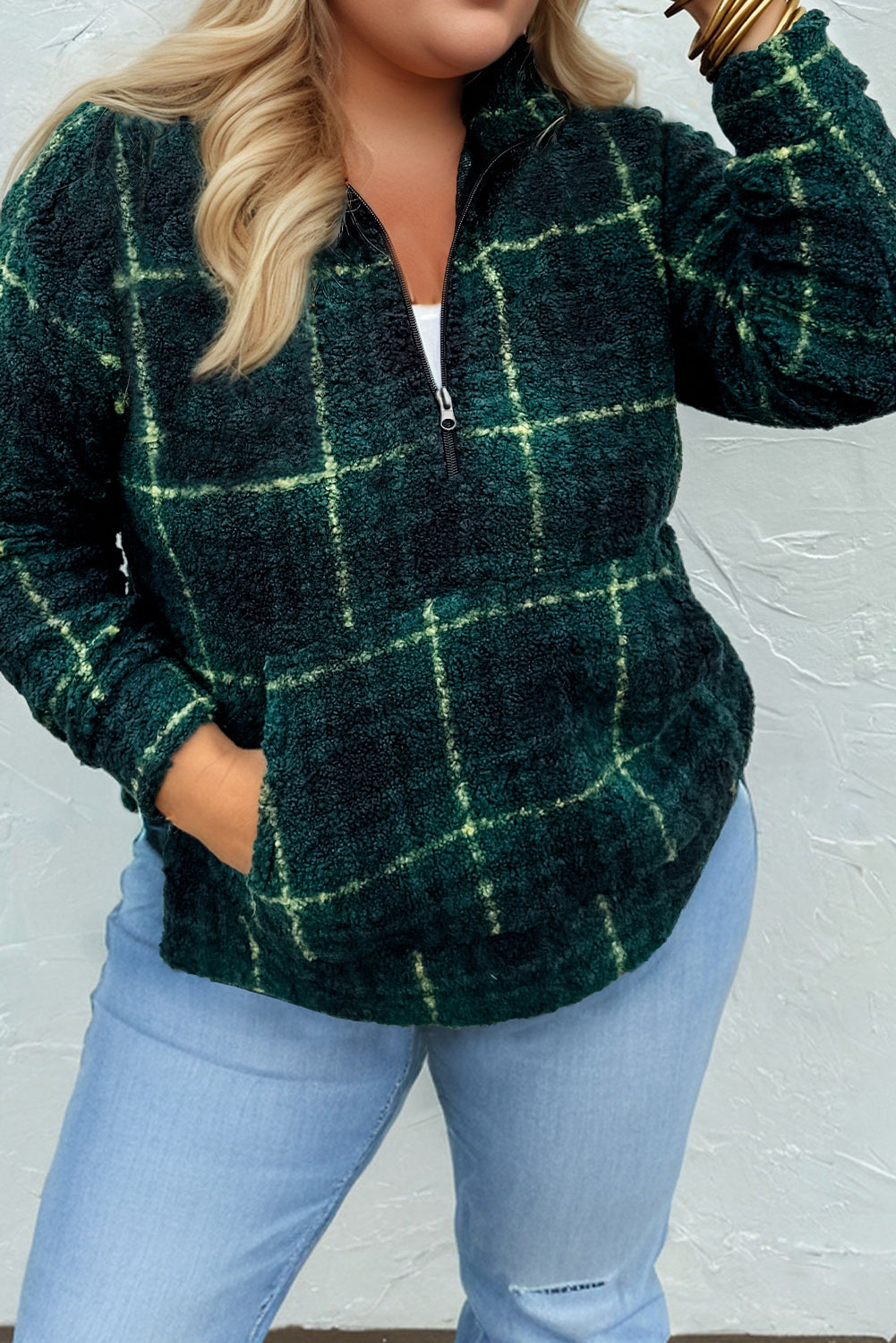Green Plaid Print Collar Half Zip Plus Size Fleece Sweatshirt