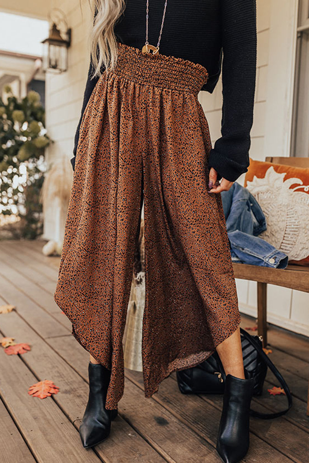 Brown Leopard High Rise Smocked Waistband Curved Hem Wide Leg Pants