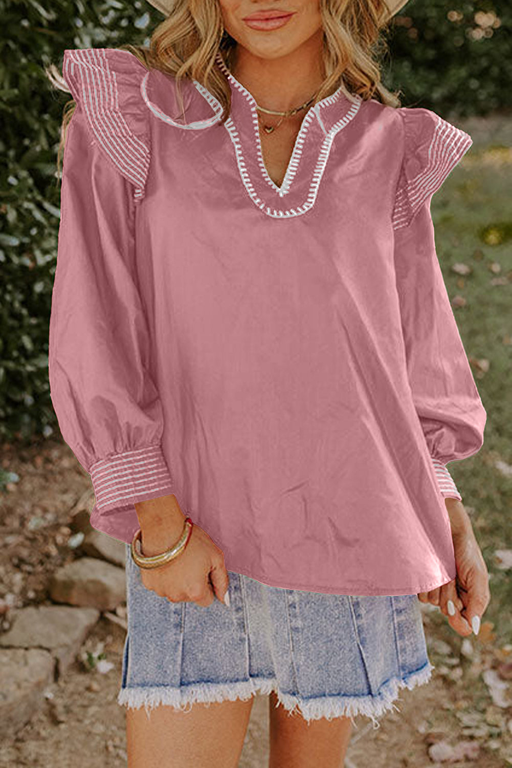 Pink Contrast Stitched Detail V Neck Ruffle Long Sleeve Blouse