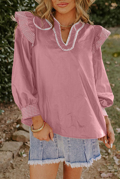 Pink Contrast Stitched Detail V Neck Ruffle Long Sleeve Blouse