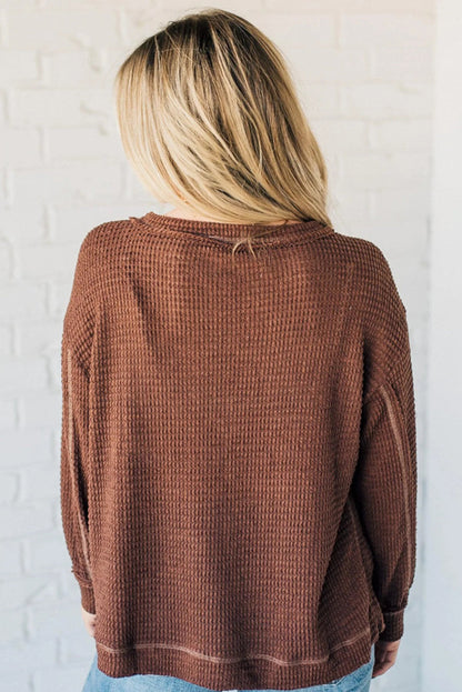 Coffee Thermal Textured Exposed Seam Patchwork Loose Long Sleeve Top