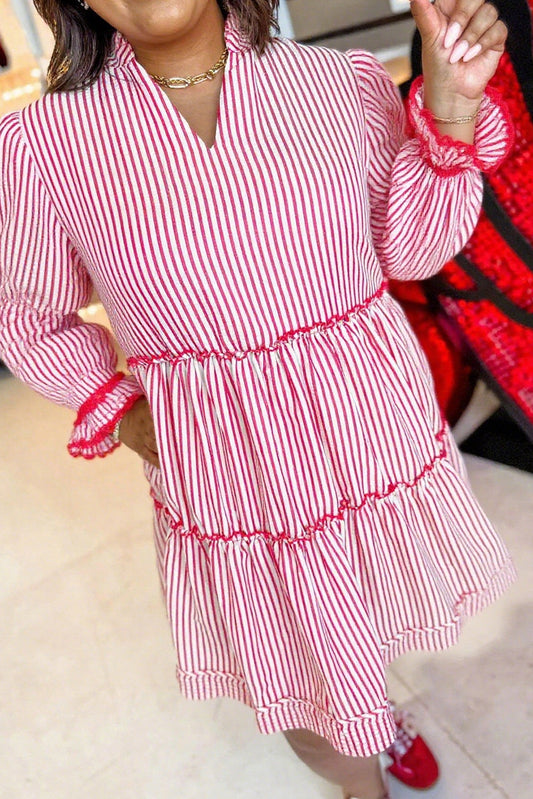 Red Stripe Contrast Stitched Detail Long Flounce Sleeve V Neck Plus Size Dress