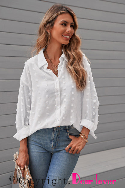 Elegant White Fuzzy Polka Dot Button-Up Shirt