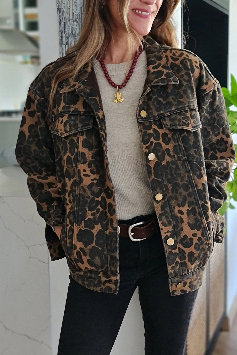 Khaki Retro Leopard Print Double Flap Pocket Button Down Denim Jacket