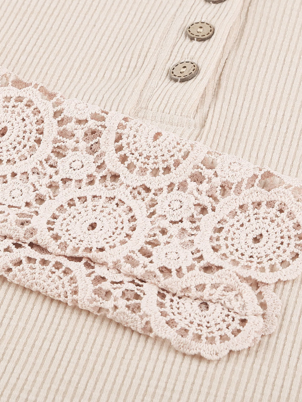 Beige Crochet Lace Sleeve Button Detail Top