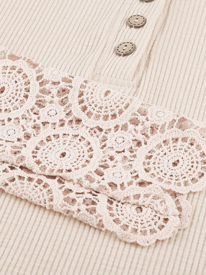 Beige Crochet Lace Sleeve Button Detail Top