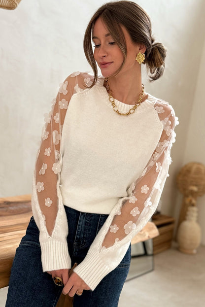 White Flower Applique Mesh Patchwork Sleeve Ribbed Trim Sweater