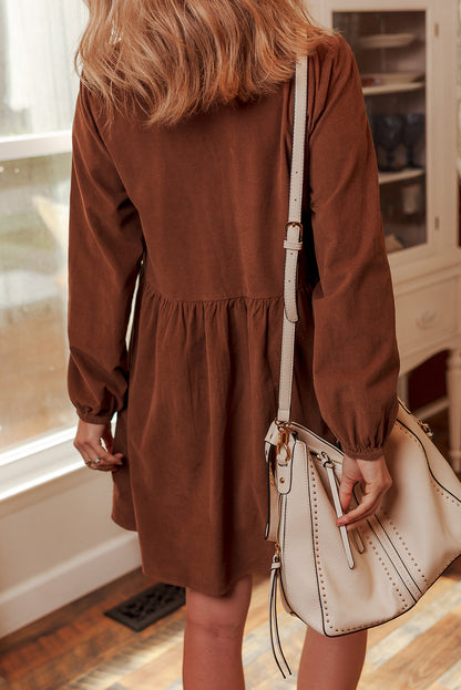 Coffee Corduroy V Neck Long Sleeve Loose Fit Dress