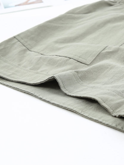 Green Cotton High Waist Loose Fit Shorts with Drawstring Waistband