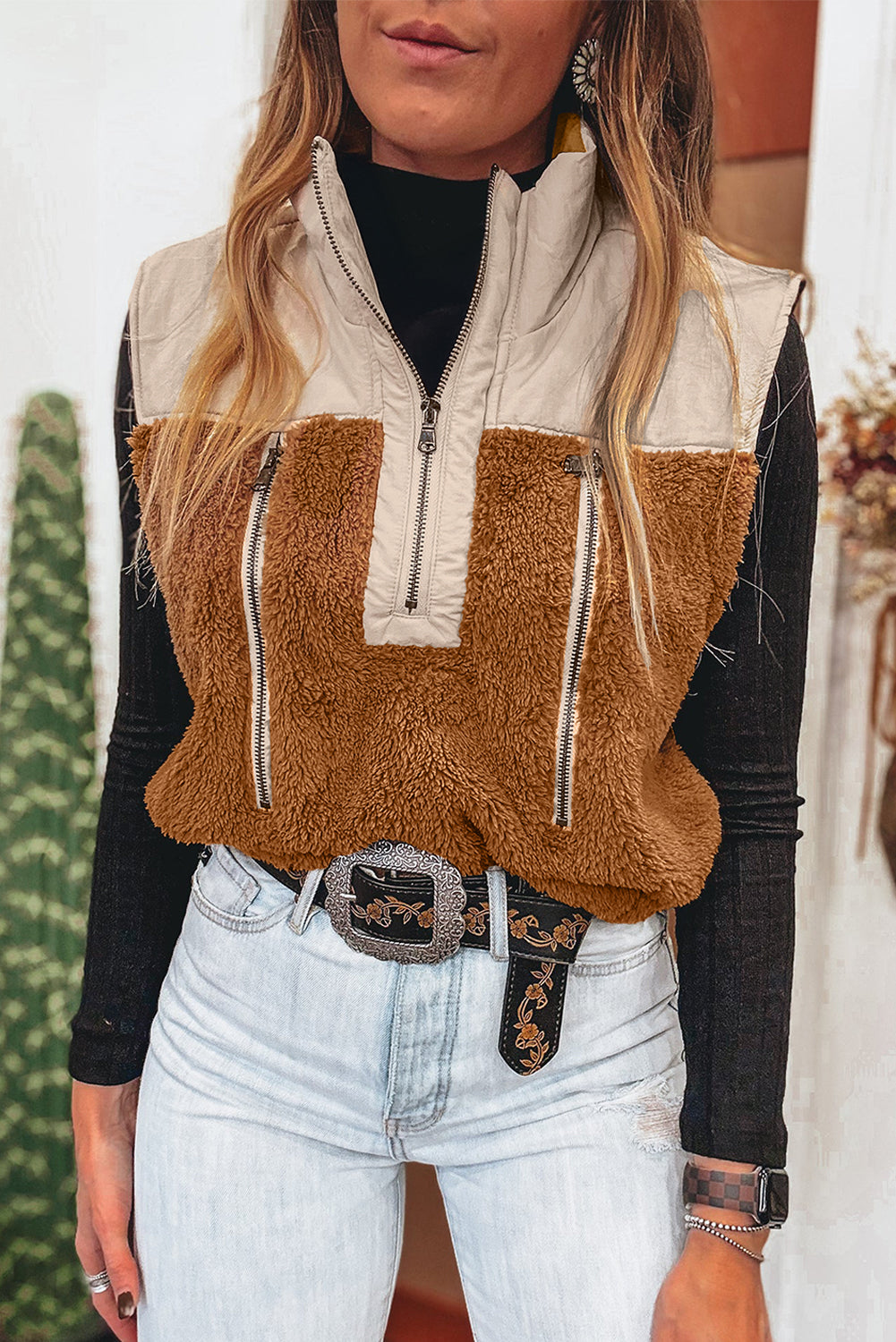 Chestnut Color Block Plush Patchwork Zipper Stand Neck Vest