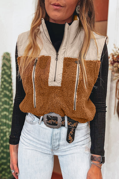 Chestnut Color Block Plush Patchwork Zipper Stand Neck Vest