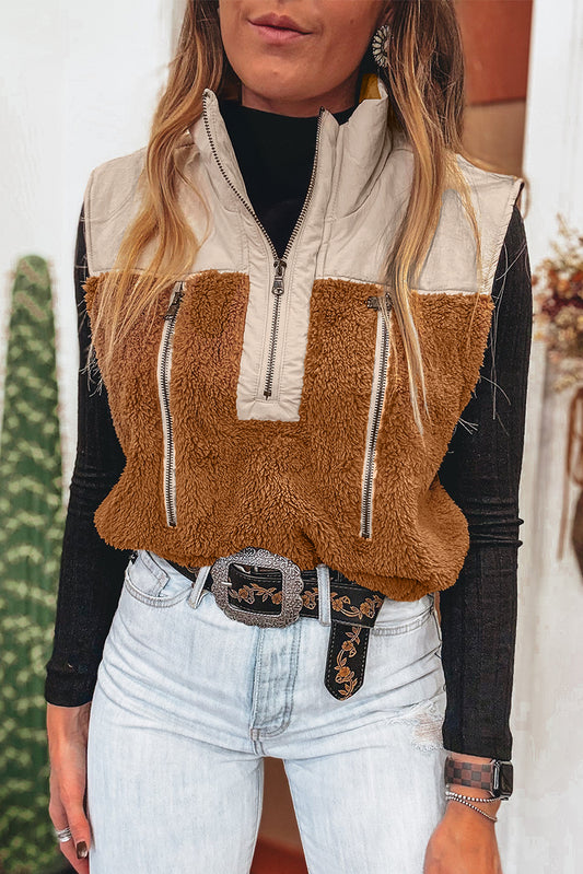 Chestnut Color Block Plush Patchwork Zipper Stand Neck Vest