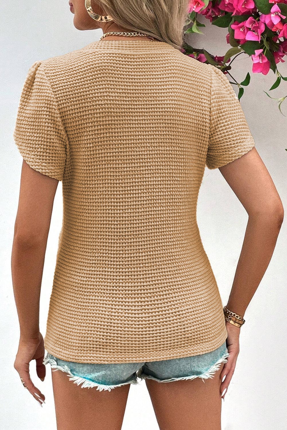 Camel V Neck Waffle Knit T-Shirt with Petal Sleeves