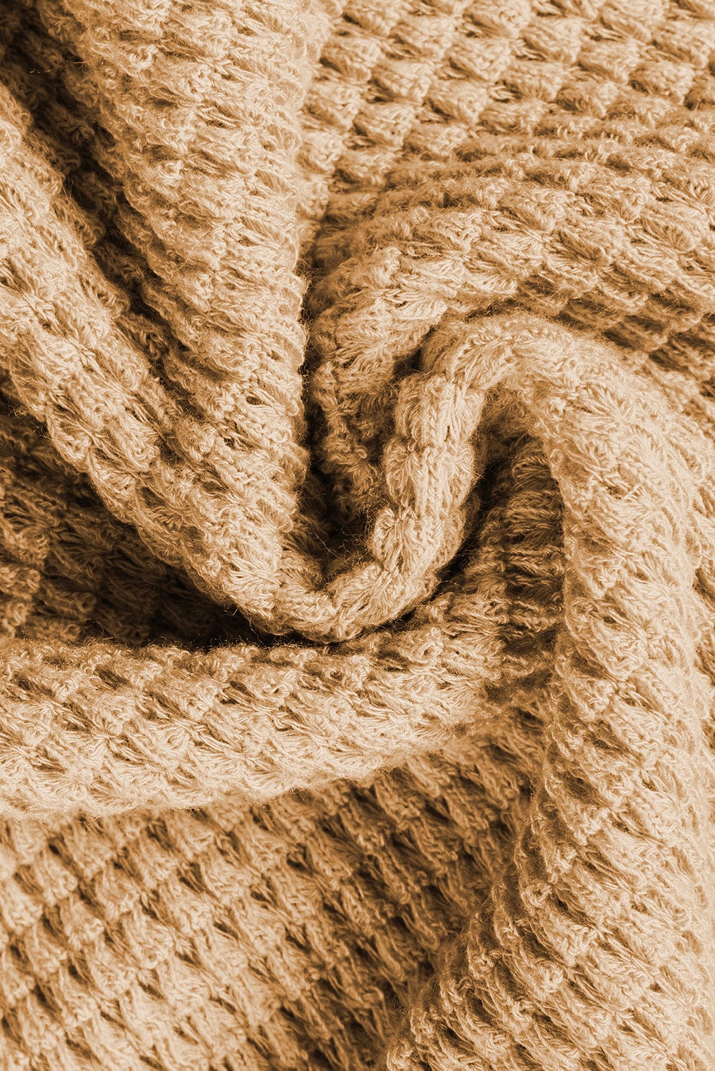 Camel V Neck Waffle Knit T-Shirt with Petal Sleeves