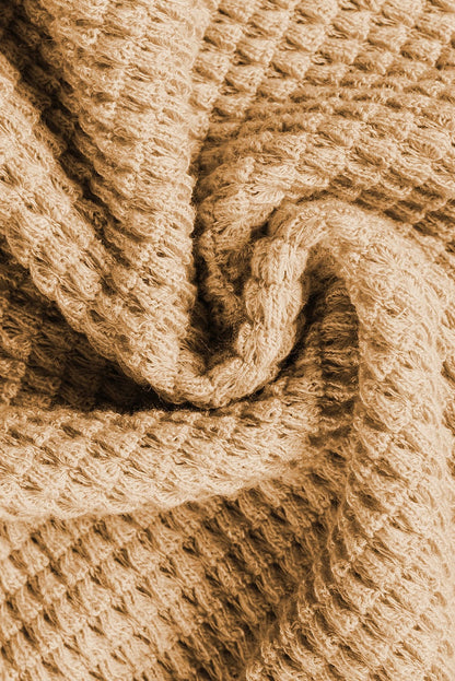 Camel V Neck Waffle Knit T-Shirt with Petal Sleeves