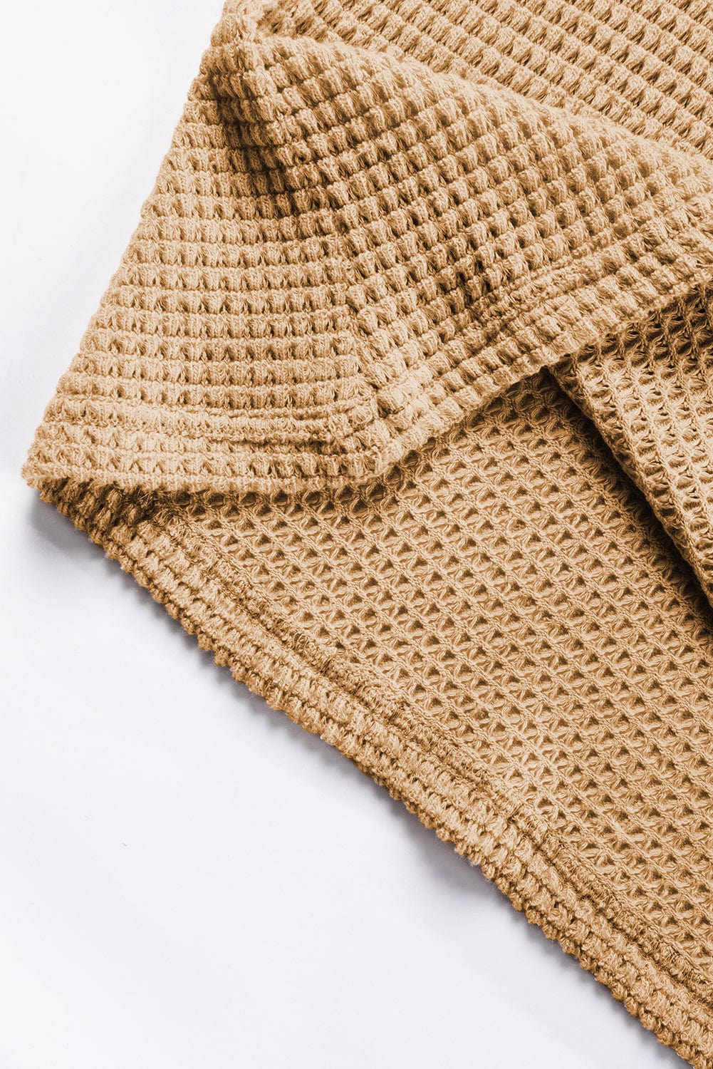 Camel V Neck Waffle Knit T-Shirt with Petal Sleeves